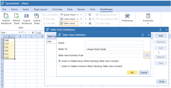 Yellow rectangle box on Table View wiith Table View Dialog box pop up.